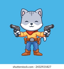 Cowboy Greay Cat Cute Cartoon Character Illustration