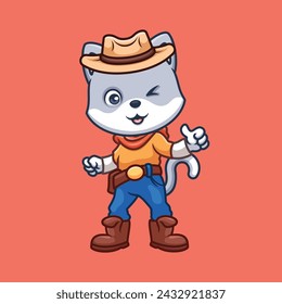 Cowboy Greay Cat Cute Cartoon Character Illustration