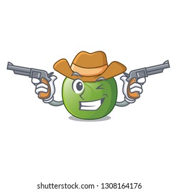 Cowboy green tomato in cartoon vegetable basket