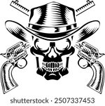 A cowboy grim reaper skull wearing a country or western style hat with pirate cross bones of guns or pistols old vintage revolvers