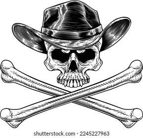 A cowboy grim reaper skull wearing a country or western style hat with pirate cross bones