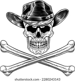 A cowboy grim reaper skull wearing a country or western style hat with pirate cross bones