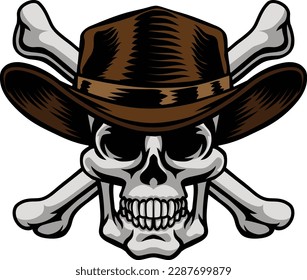 A cowboy grim reaper skull wearing a country or western style hat with pirate cross bones