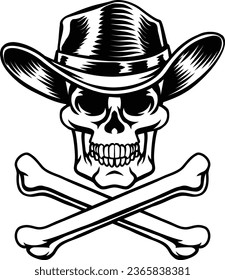 A cowboy grim reaper skull wearing a country or western style hat with pirate cross bones