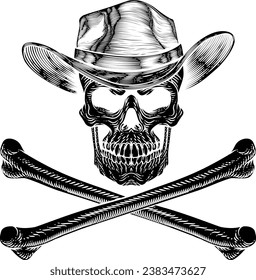 A cowboy grim reaper skull wearing a country or western style hat with pirate cross bones