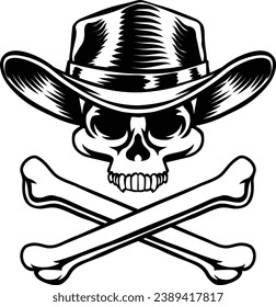 A cowboy grim reaper skull wearing a country or western style hat with pirate cross bones