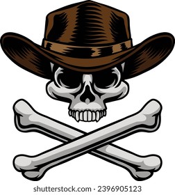 A cowboy grim reaper skull wearing a country or western style hat with pirate cross bones