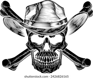 A cowboy grim reaper skull wearing a country or western style hat with pirate cross bones