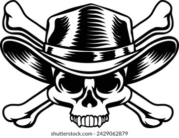 A cowboy grim reaper skull wearing a country or western style hat with pirate cross bones