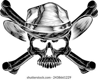 A cowboy grim reaper skull wearing a country or western style hat with pirate cross bones