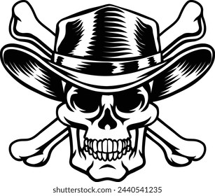 A cowboy grim reaper skull wearing a country or western style hat with pirate cross bones