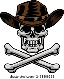 A cowboy grim reaper skull wearing a country or western style hat with pirate cross bones