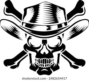 A cowboy grim reaper skull wearing a country or western style hat with pirate cross bones