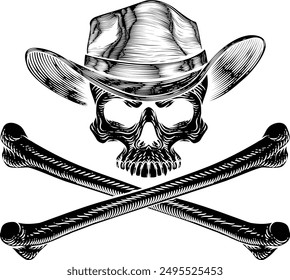 A cowboy grim reaper skull wearing a country or western style hat with pirate cross bones