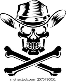 A cowboy grim reaper skull wearing a country or western style hat with pirate cross bones