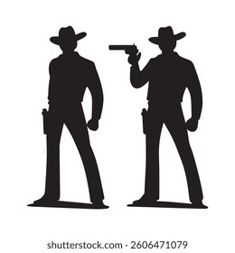 Cowboy gun character vector, A cowboy is pointing a gun at another cowboy vector design element.