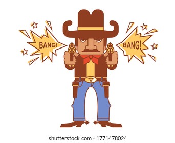 Cowboy With Guns. Wild West Gunslinger Shoots Pistols Vector Flat Style Color Cartoons Isolated On White. Western Duel