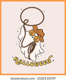 
Cowboy Halloween Ghost with Lasso Retro Groovy Doodle for Stickers and Shirt Designs
