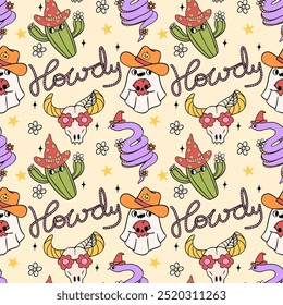 Cowboy Halloween ghost Seamless Pattern Howdy Western Doodle Retro Groovy isolated on background.
