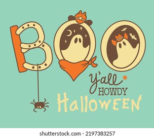 Cowboy Halloween grosts illustration background. Vector halloween ghost in cowboy hat and holiday text howdy boo pumpkin text for print or design.