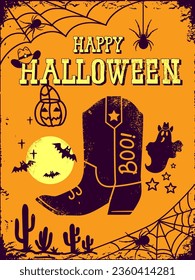 Cowboy halloween. Happy Halloween cowboy boots vector card background with text.