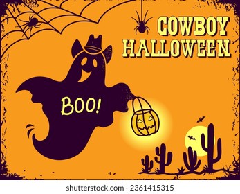 Cowboy halloween. Happy Halloween ghost with cowboy hat hold pumpkin head decor vector card background with text.