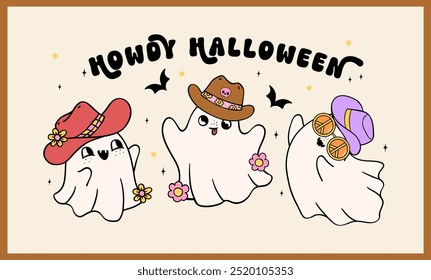 Cowboy Hallowween Ghosts retro groovy Howdy ocidental banner doodle desenho