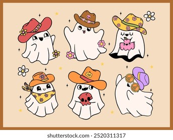 Vaquero Halloween Retro Fantasma Western Howdy doodle dibujo conjunto