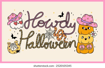 Vaquero Halloween retro groovy Howdy Anuncio occidental doodle dibujo