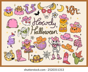 Vaquero Halloween retro groovy Howdy western pegatina elemento conjunto doodle dibujo 