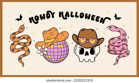 Cowboy Hallowween retro groovy Howdy western banner doodle camisa de desenho imprimível