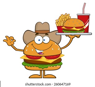 Cowboy Hamburger Cartoon Character Holding A Platter With Burger, French Fries And A Soda. Vector Illustration Isolated On White