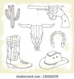 cowboy hand drawn retro set