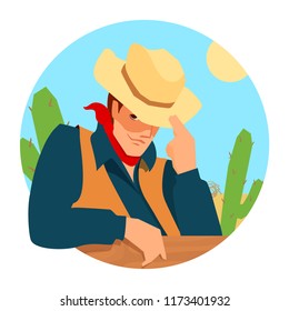 Cowboy, handsome man confidently looking under his brows, raised hand up, touching the hat, smiling. Desert, sky, cactuses on background. Vector colorful circle shape illustration flat cartoon style.