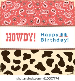 Cowboy happy birthday card with text.Vector child card retro illustration