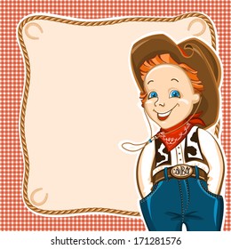 Cowboy happy child with western traditional clothes.Vector background for text