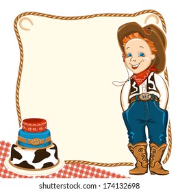 Cowboy happy child in western traditional clothes and holiday cake.Vector background for text