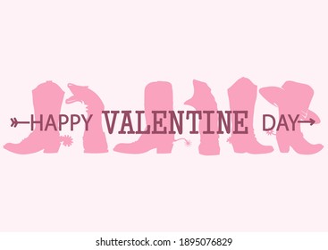 Cowboy Happy Valentine day Country Farm with Cowboy boots and text. Vector Love illustration card background