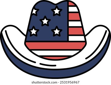 A cowboy hat with the American flag on it. The hat is blue, white and red. The hat is a patriotic symbol