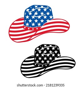 Cowboy hat in American flag stylish decoration. Vector traditional cowboy hat with patriotic decor isolated on white