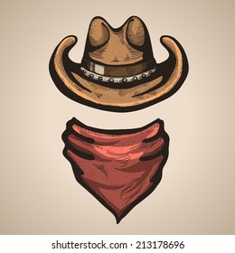 Cowboy hat and bandana scraf.Vector illustration isolated for design