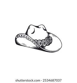 Cowboy hat black contour icon. Outline decorated sombrero hat Wild west style. American gothic fashion headdress hand drawn design element. Vintage Western grunge accessory