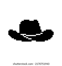 Cowboy hat black vector icon. Pixel art. 8 bit logo for game. eps10