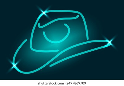 Cowboy hat in blue neon line style. Bar logo