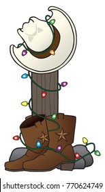 Cowboy hat and boots are decorated with Christmas lights