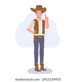 Cowboy in Hat and Boots Giving Thumbs Up.  Cheerful Cowboy Cartoon with Positive Gesture
