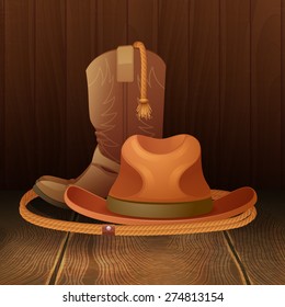 Cowboy hat boots and lasso on wooden background poster vector illustration