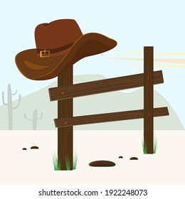 Cowboy hat with brim on a wooden fence. Leather headdress. Attribute of American cowboys. Vector illustration