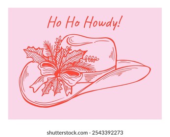 Cowboy hat with Christmas floral decor, Western line art hand drawn vector illustration. Holidays card.