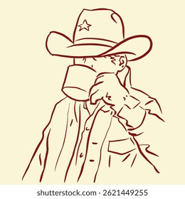 Cowboy em chapéu com um vetor de xícara de café para ilustração, cartão, decoração